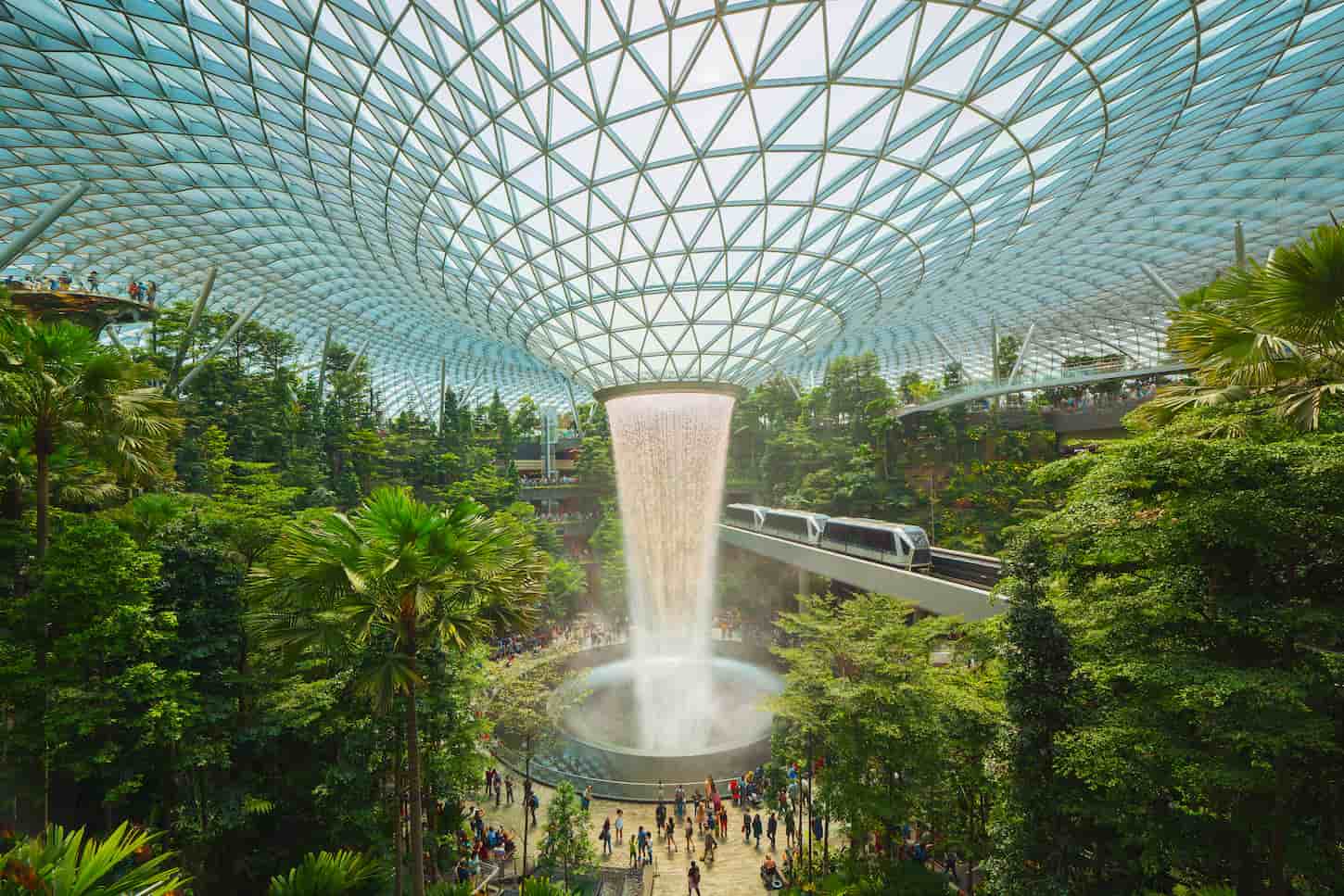An image of Marina Bay area in Changi, Singapore - November 26 2019: The world-famous Jewel at Changi Airport, which is the world's largest indoor water fountain.