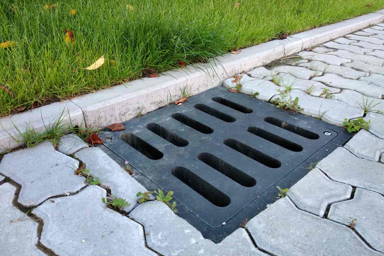 An image of a Plastic drain gutter, green grass lawn, and stone pavement sidewalk.