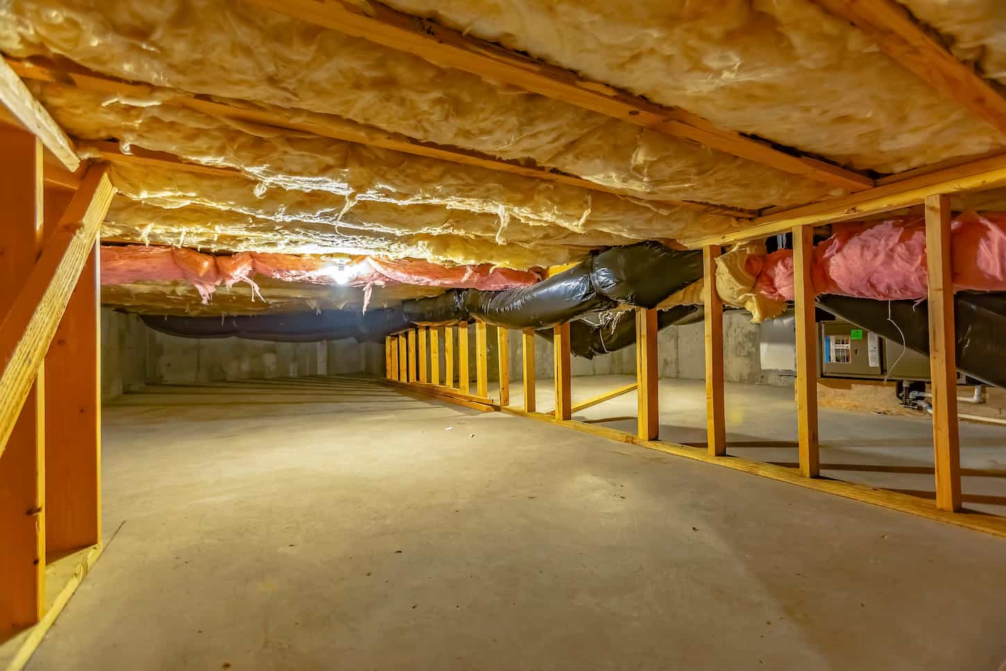 An image of a Basement or crawl space with upper-floor insulation and wooden support beams.