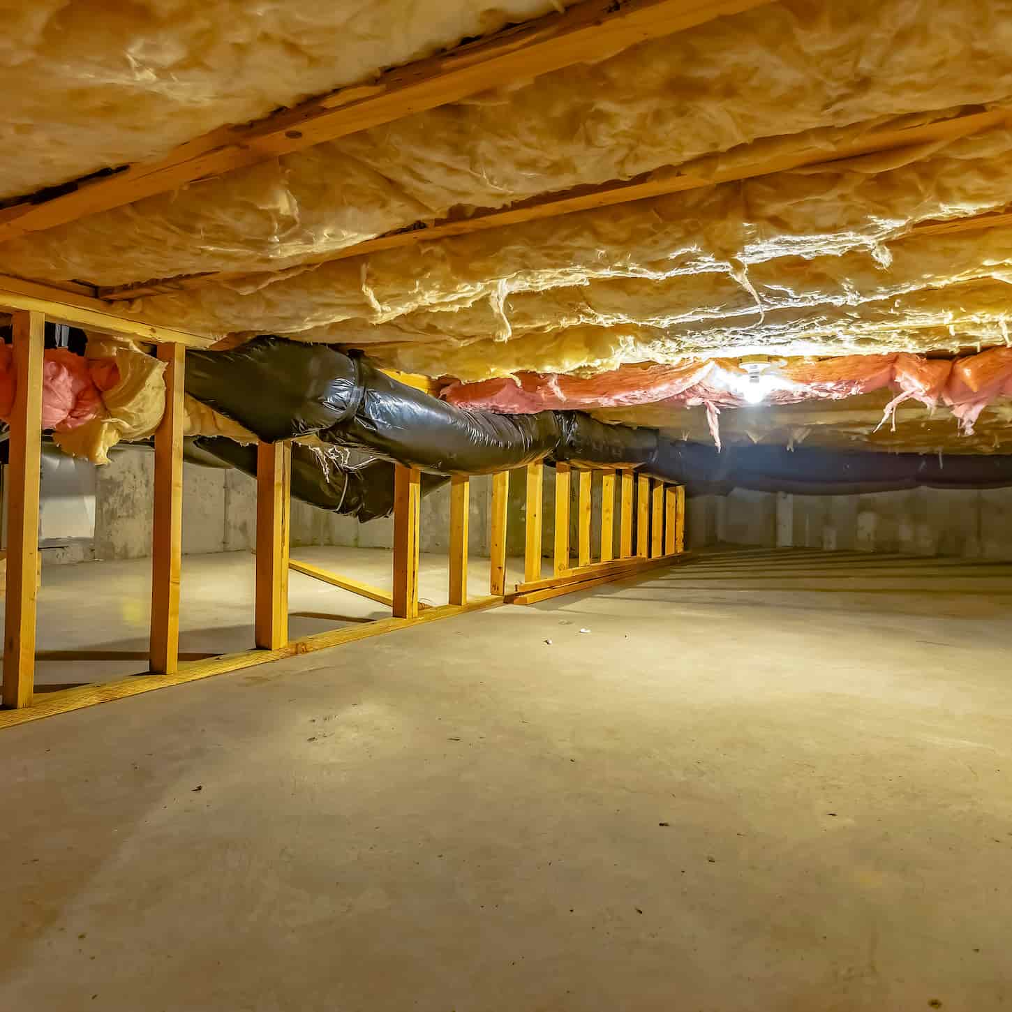 An image of a Square frame Basement or crawl space with upper-floor insulation and wooden support beams.