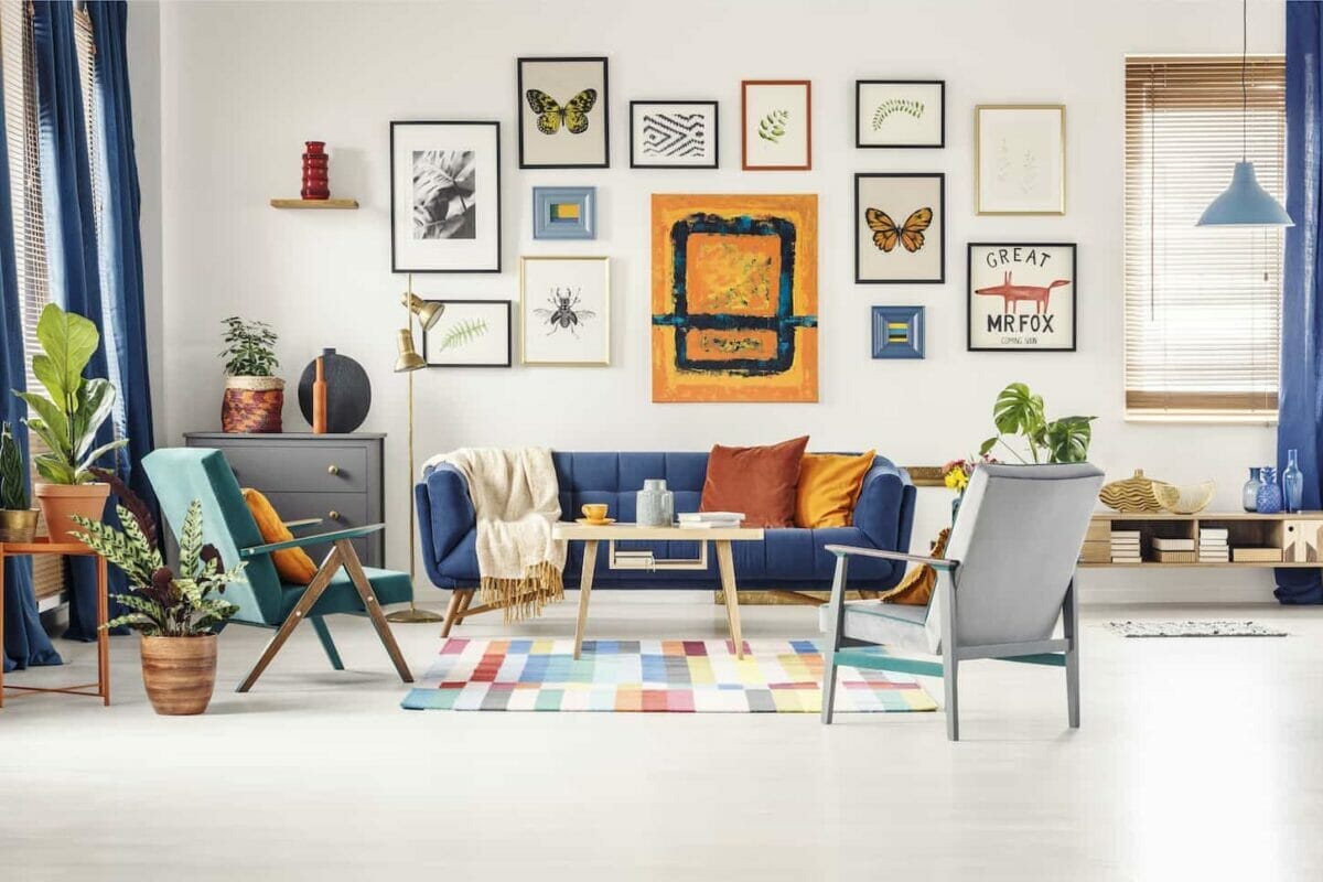 An image of Simple posters gallery hanging on the wall in bright living room.