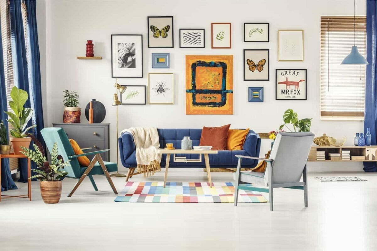 An image of Simple posters gallery hanging on the wall in bright living room.